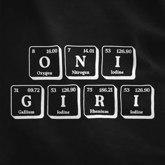Close-up of black fabric showcasing "ONIGIRI" spelled with periodic table elements, creating striking contrast.