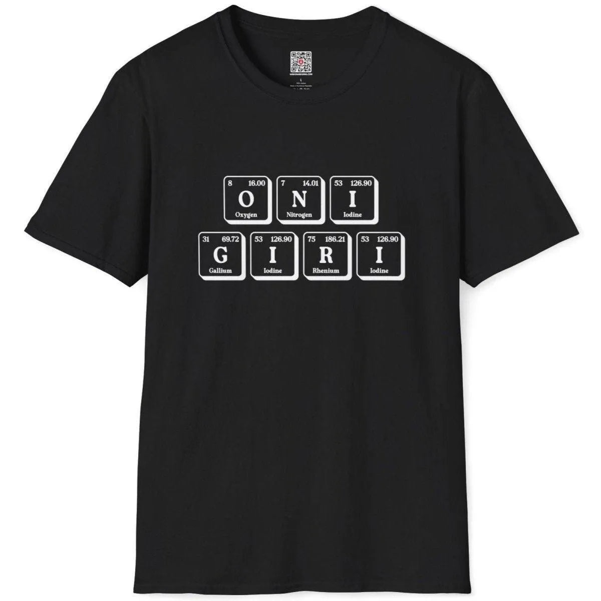 Black t-shirt flatlay displaying clever onigiri periodic table design with scientific element details.