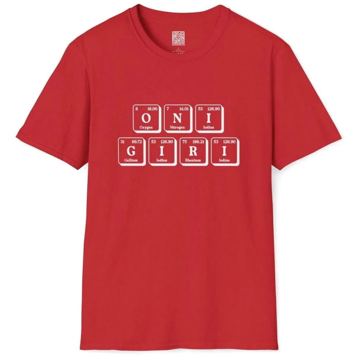 Red t-shirt flatlay displaying onigiri-themed periodic table elements with contrasting scientific typography.