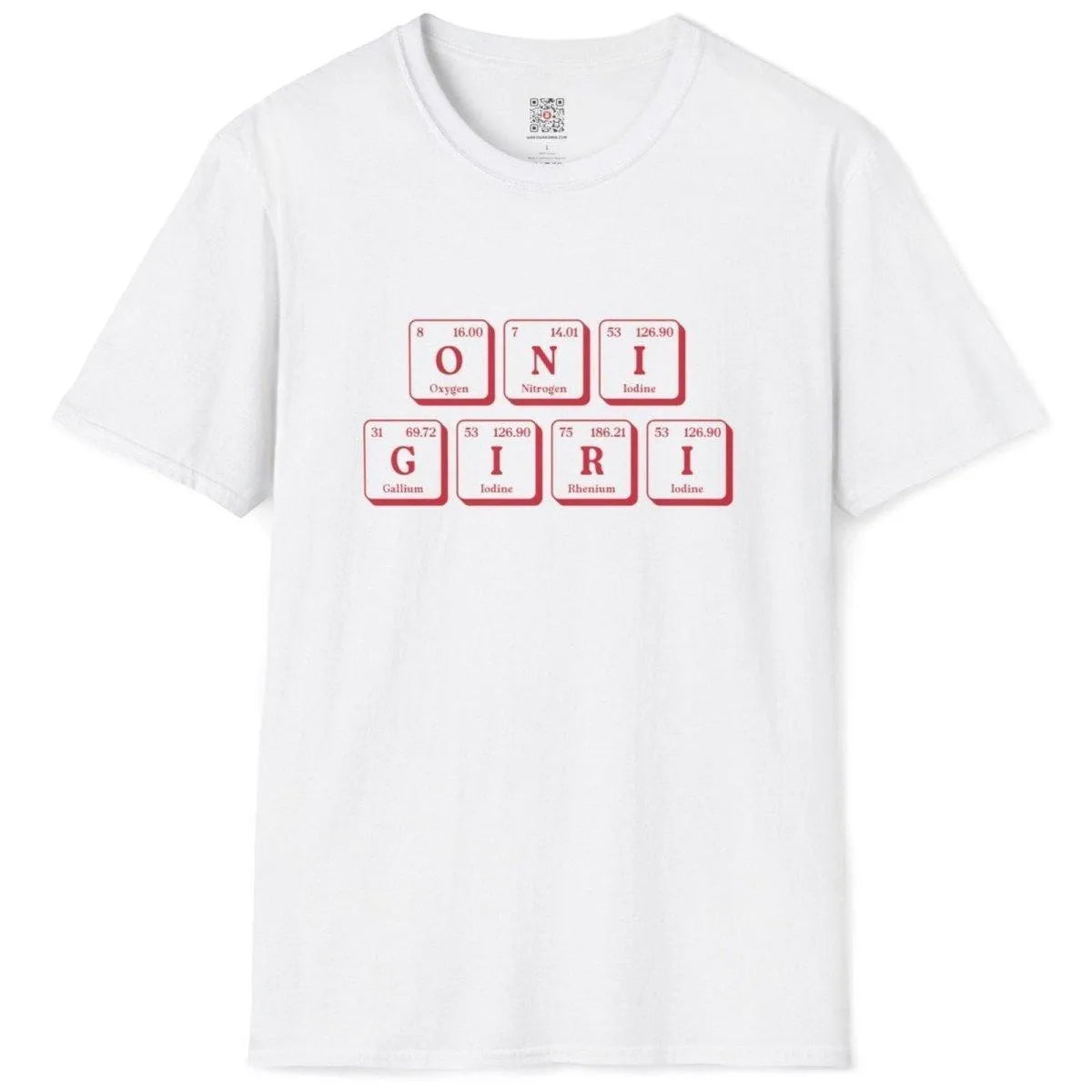 White t-shirt flatlay featuring Japanese-inspired periodic table spelling "ONIGIRI" with bold red element borders.