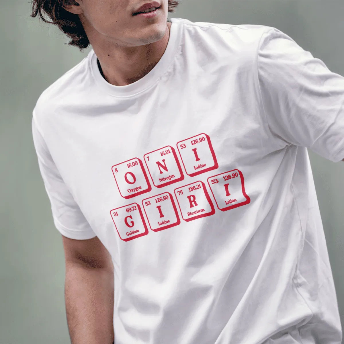 Male model wearing white onigiri t-shirt with creative periodic table design, perfect for Japanese cuisine fans.