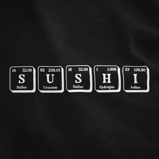 Black fabric featuring "SUSHI" spelled with periodic table elements in red, creating a clever japanese t-shirt design.
