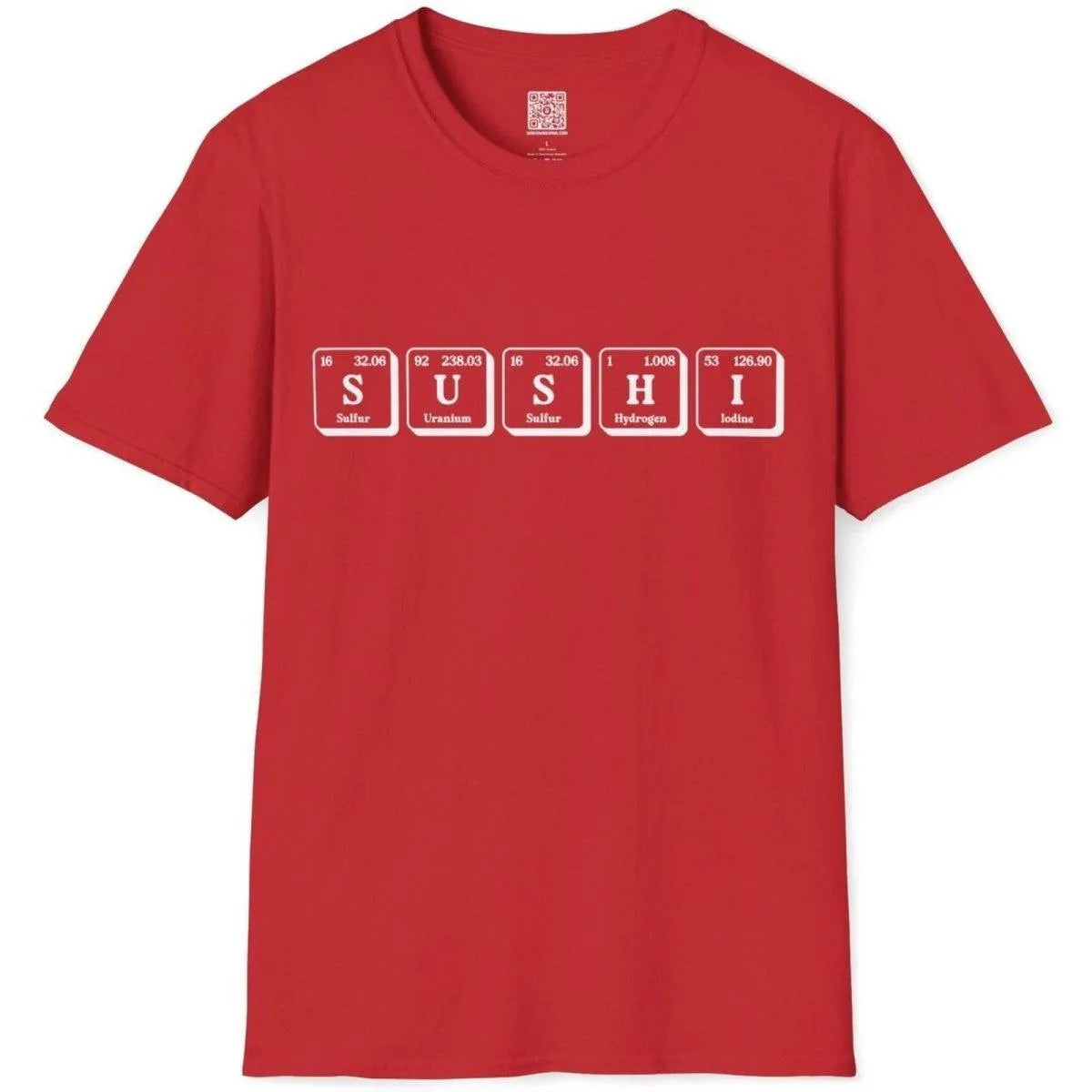 Red t-shirt flatlay with "SUSHI" spelled in periodic table style, creating visual rhythm with matching red elements.