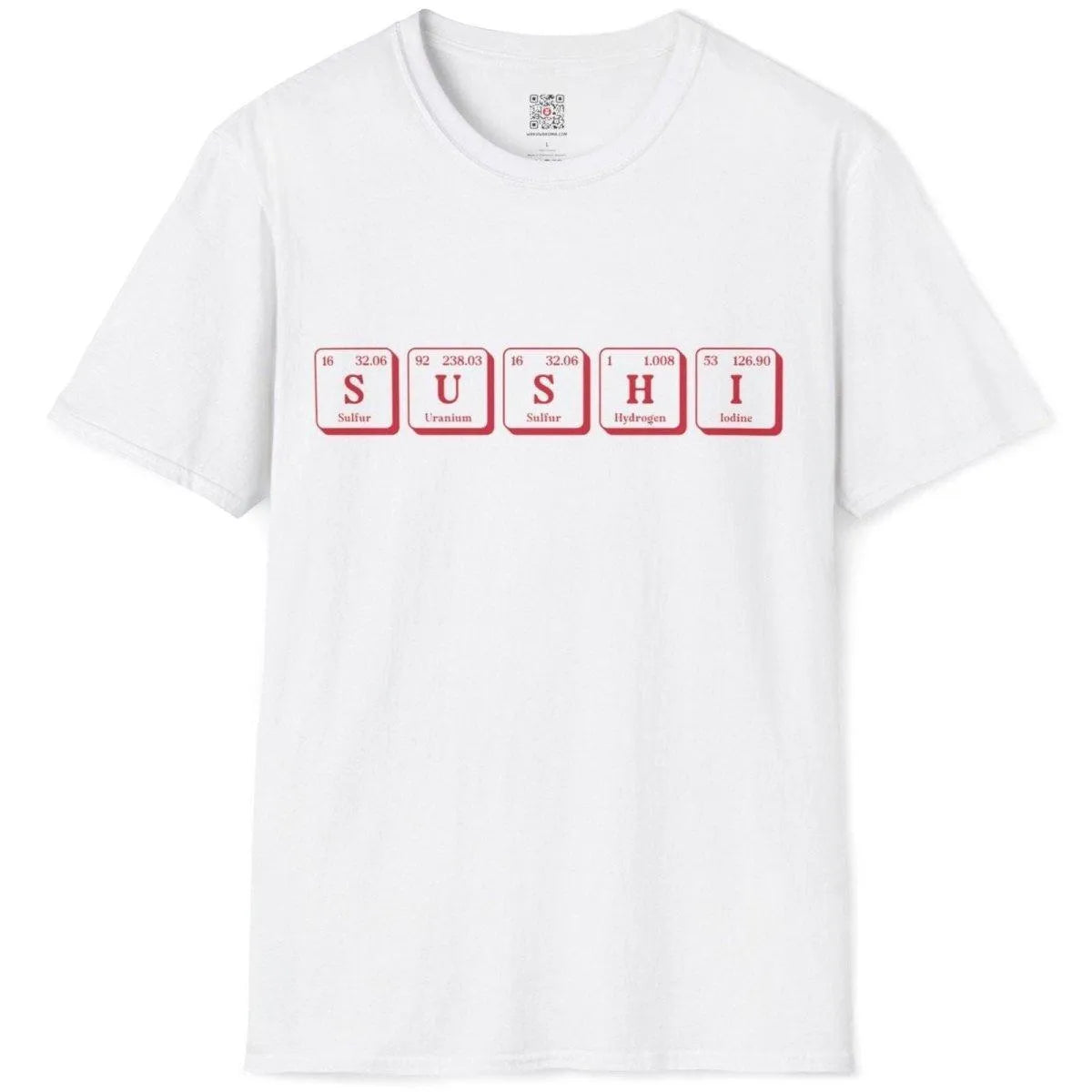 White t-shirt flatlay with "SUSHI" spelled using periodic table elements, perfect for japanese inspired clothes.