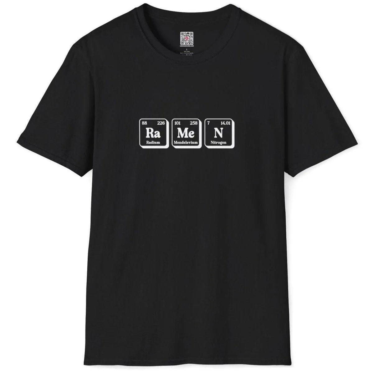 Flatlay of black t-shirt with ramen periodic table art, showcasing ramen culture and bold graphic design t shirt.