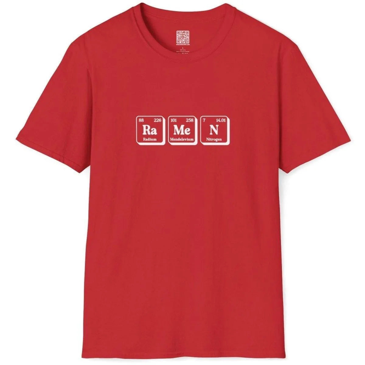 Flatlay of red ramen t-shirt with periodic table elements, highlighting ramen pun and cheerful fusion cuisine theme.