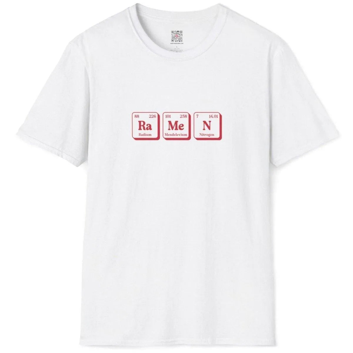 Flatlay of white ramen t-shirt with periodic table elements, simple shirt design and visual rhythm.