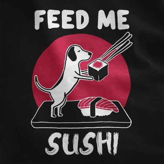 Minimalist sushi dog illustration with bold red circle and “FEED ME SUSHI” on black fabric, sushi t-shirt, dog shirt.
