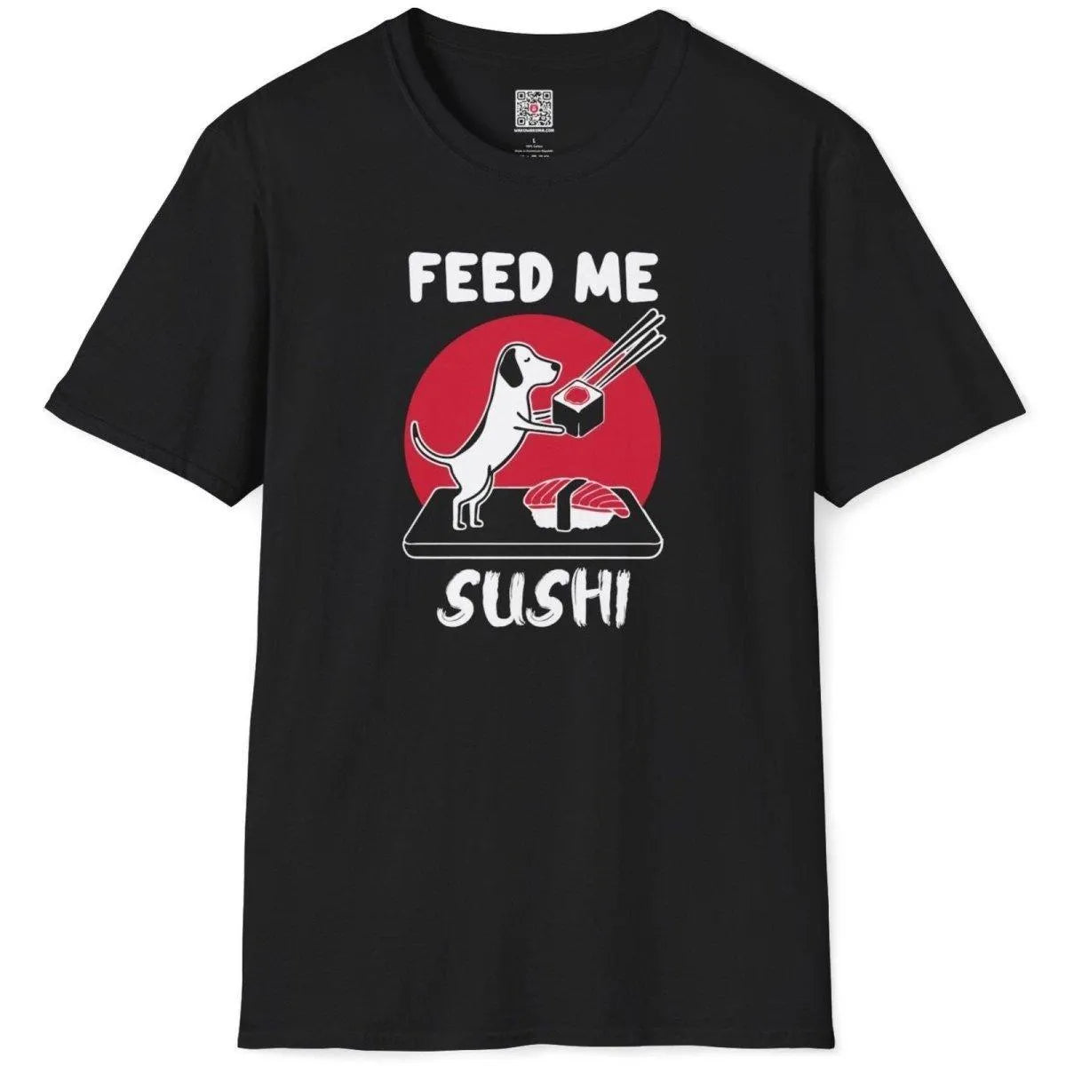 Black flatlay of sushi dog t-shirt, bold red circle, “FEED ME SUSHI” text, sushi t-shirt, japanese t-shirts.