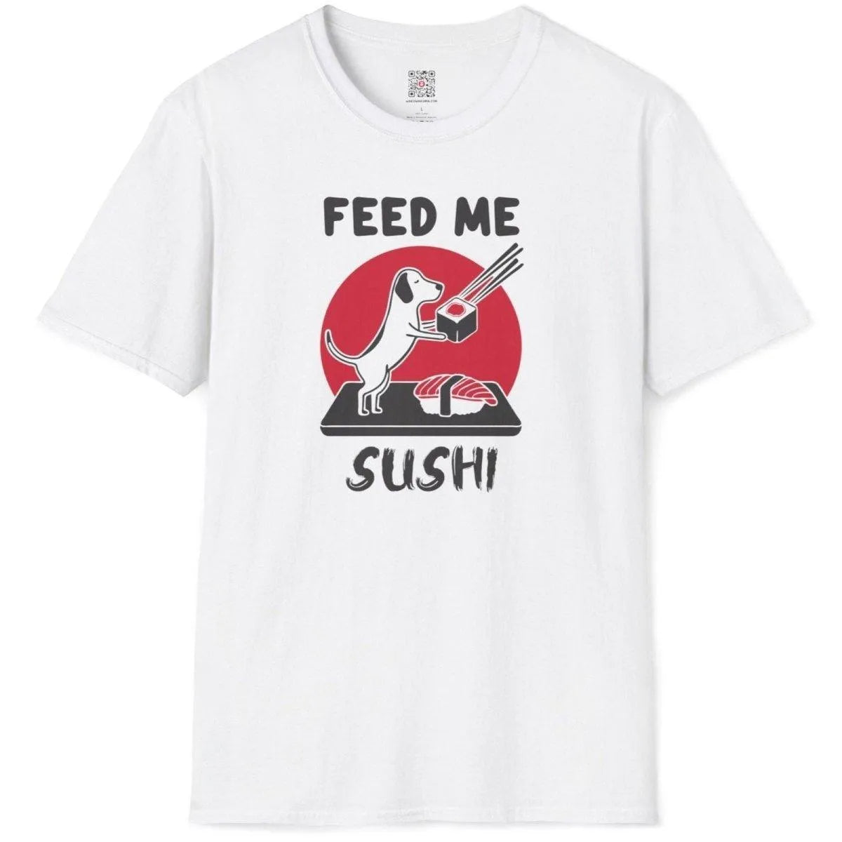 White flatlay of sushi dog t-shirt, red circle background, “FEED ME SUSHI” text, sushi dog, graphic tees stores.