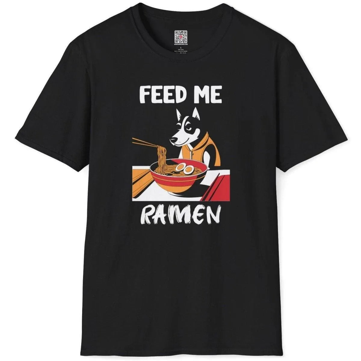 Black flatlay of ramen husky t-shirt, orange hoodie, “FEED ME RAMEN” text, ramen t-shirt, japanese t-shirts.