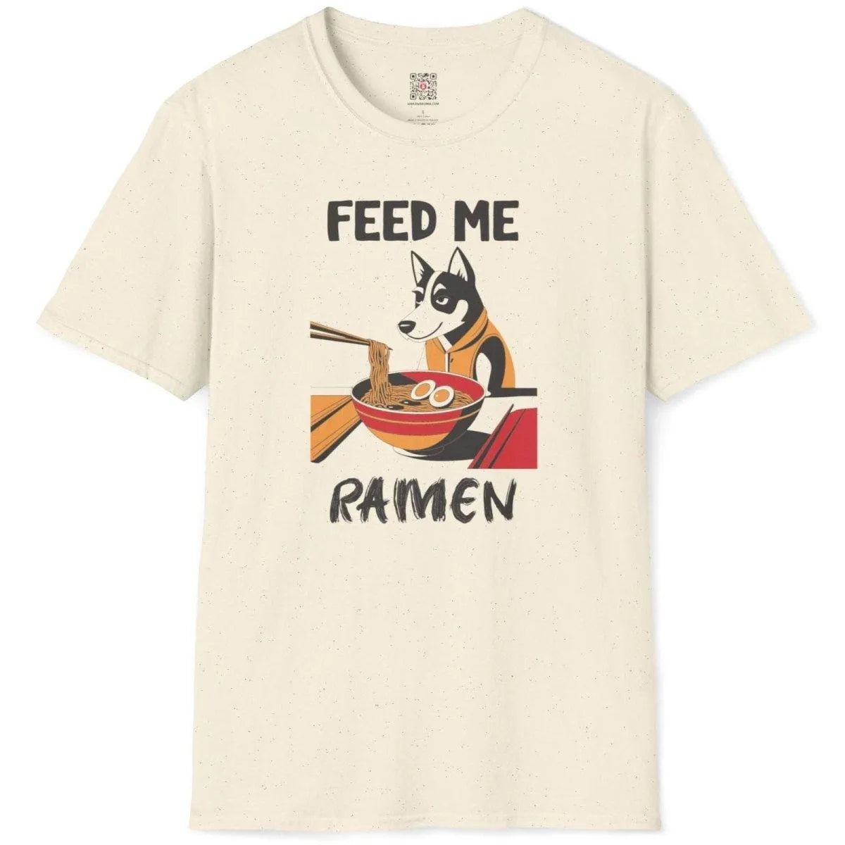Natural flatlay of ramen husky t-shirt, orange hoodie, “FEED ME RAMEN” text, ramen t-shirt, modern fusion.