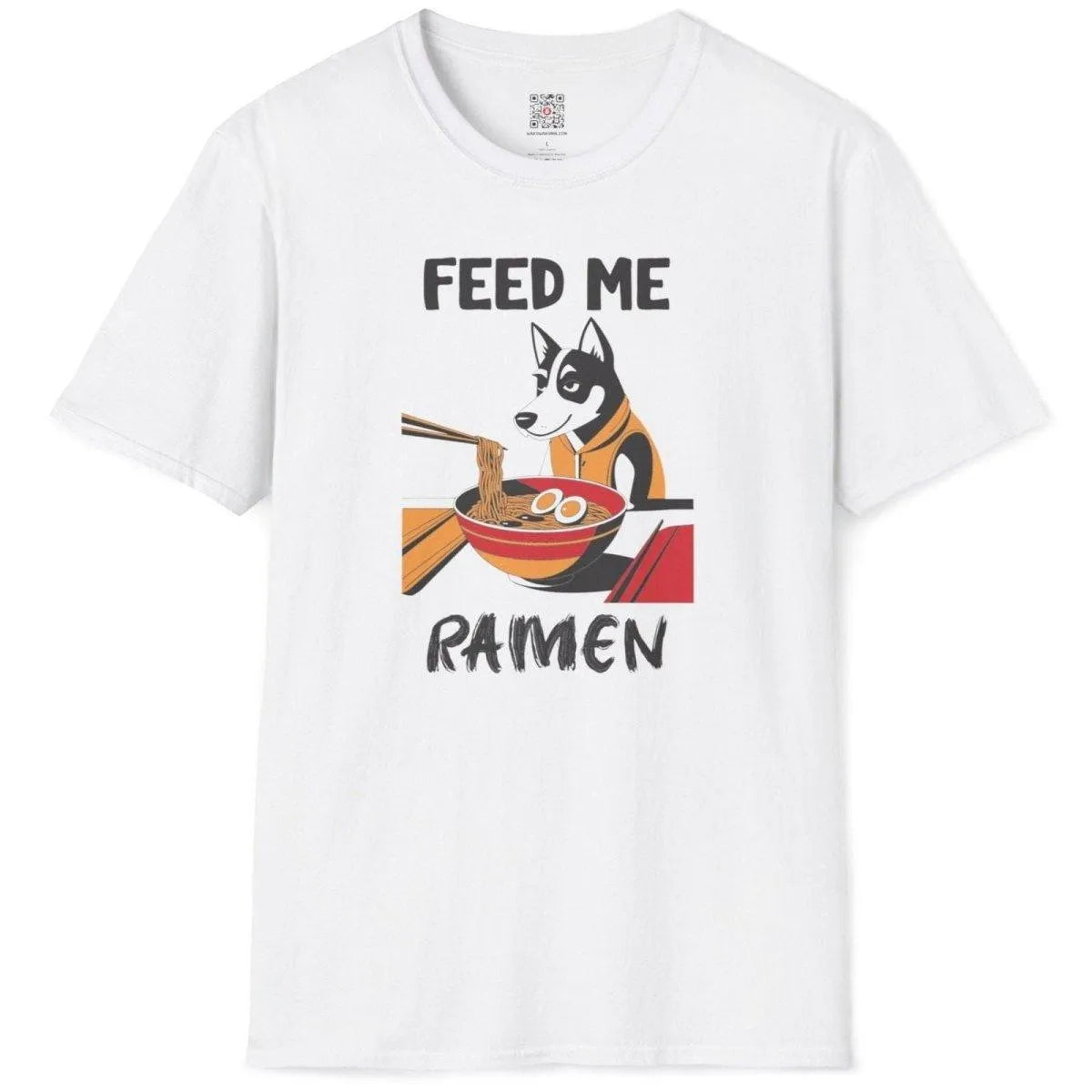 White flatlay of ramen husky t-shirt, orange hoodie, “FEED ME RAMEN” text, ramen shirt, urban ramen.