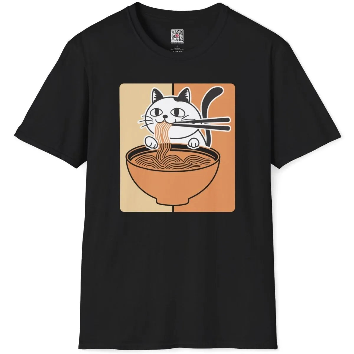 Black flatlay t-shirt with cat enjoying noodles, ramen t-shirt, foodie style.