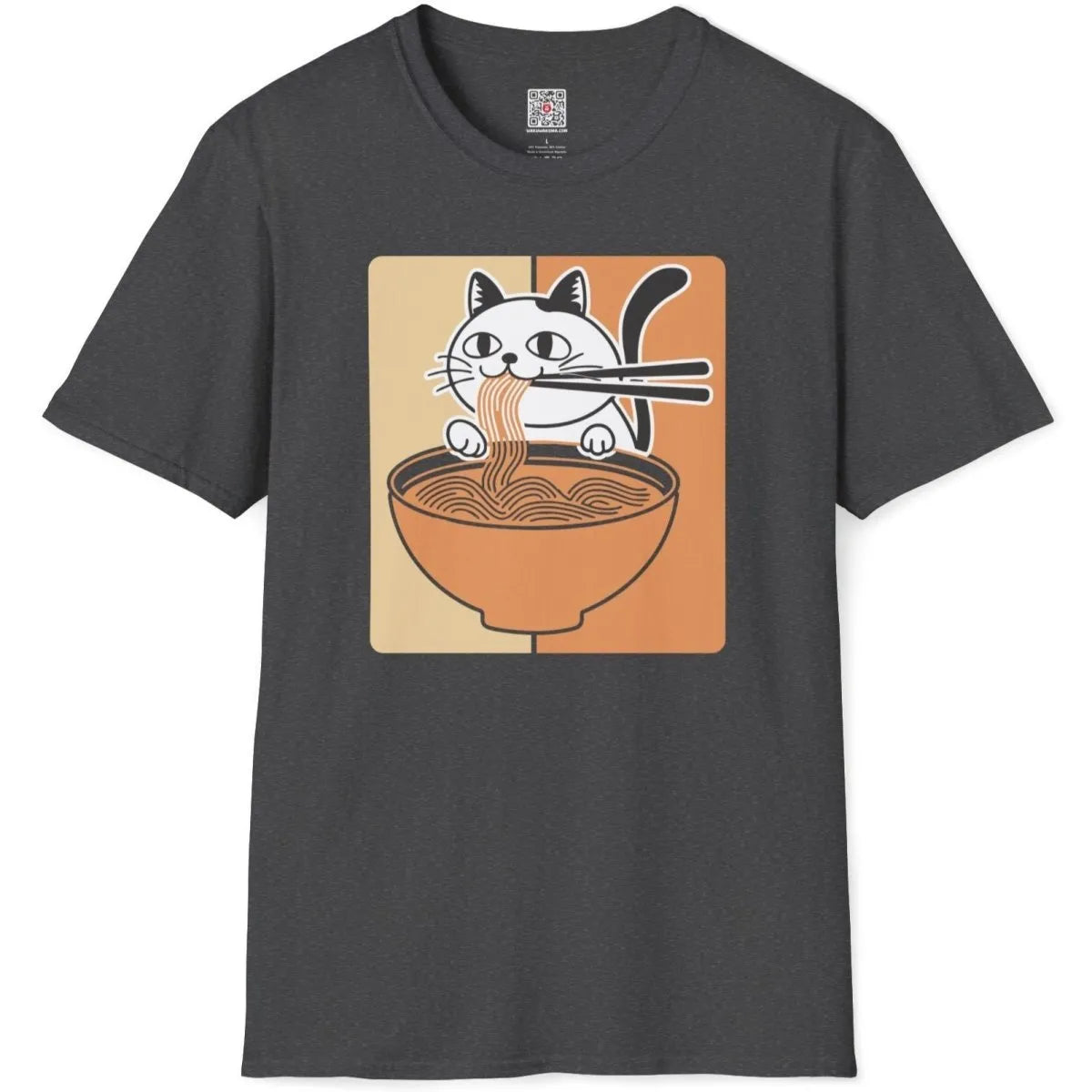 Dark heather flatlay t-shirt with cat and noodles, Japanese t-shirts, whimsical illustration.