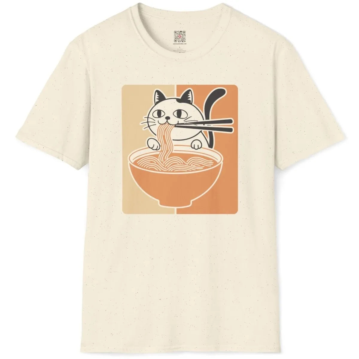 Natural flatlay t-shirt with cat holding chopsticks, ramen t-shirt, vibrant background.