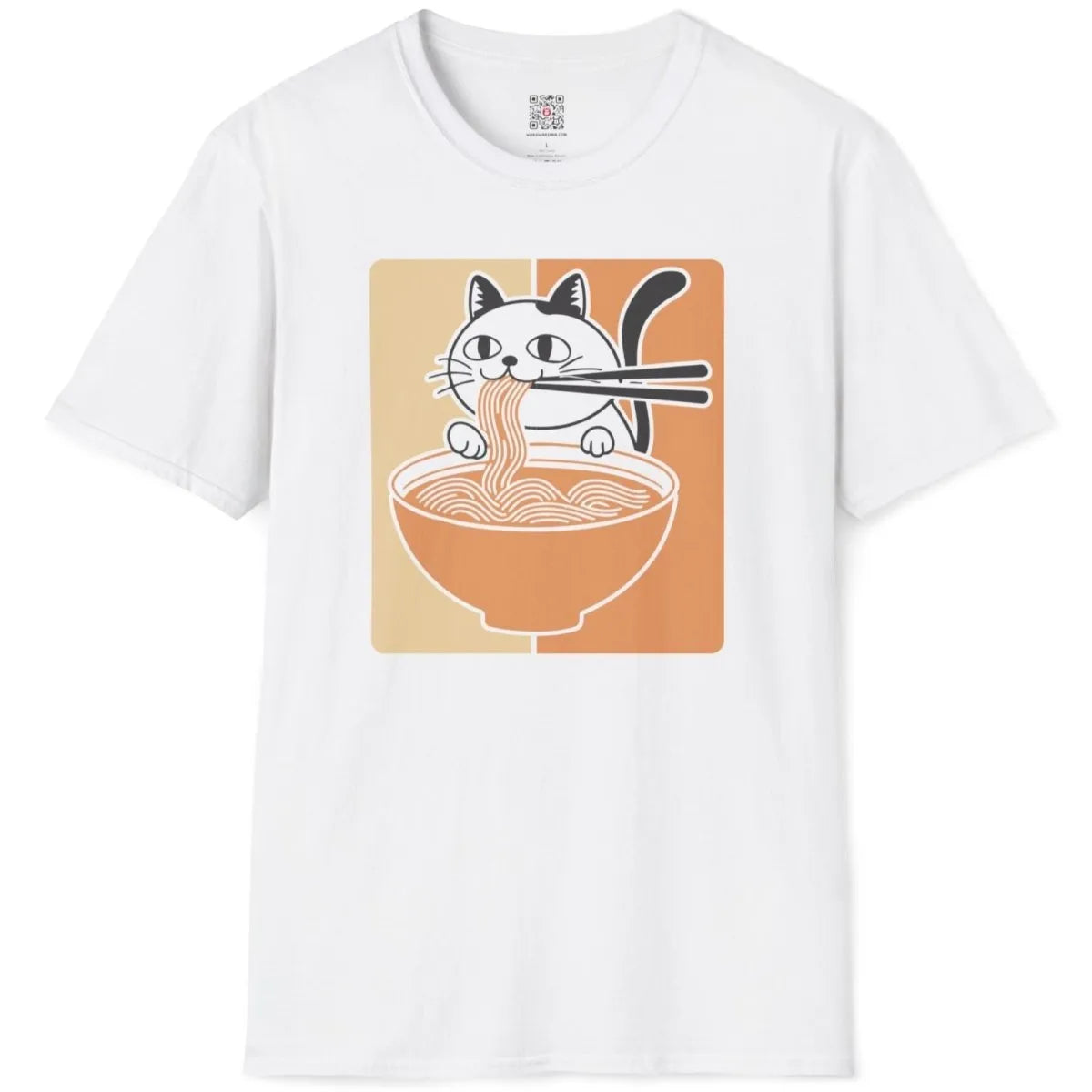 White flatlay t-shirt with playful cat and ramen bowl, funny cat shirt, pop art shirt.