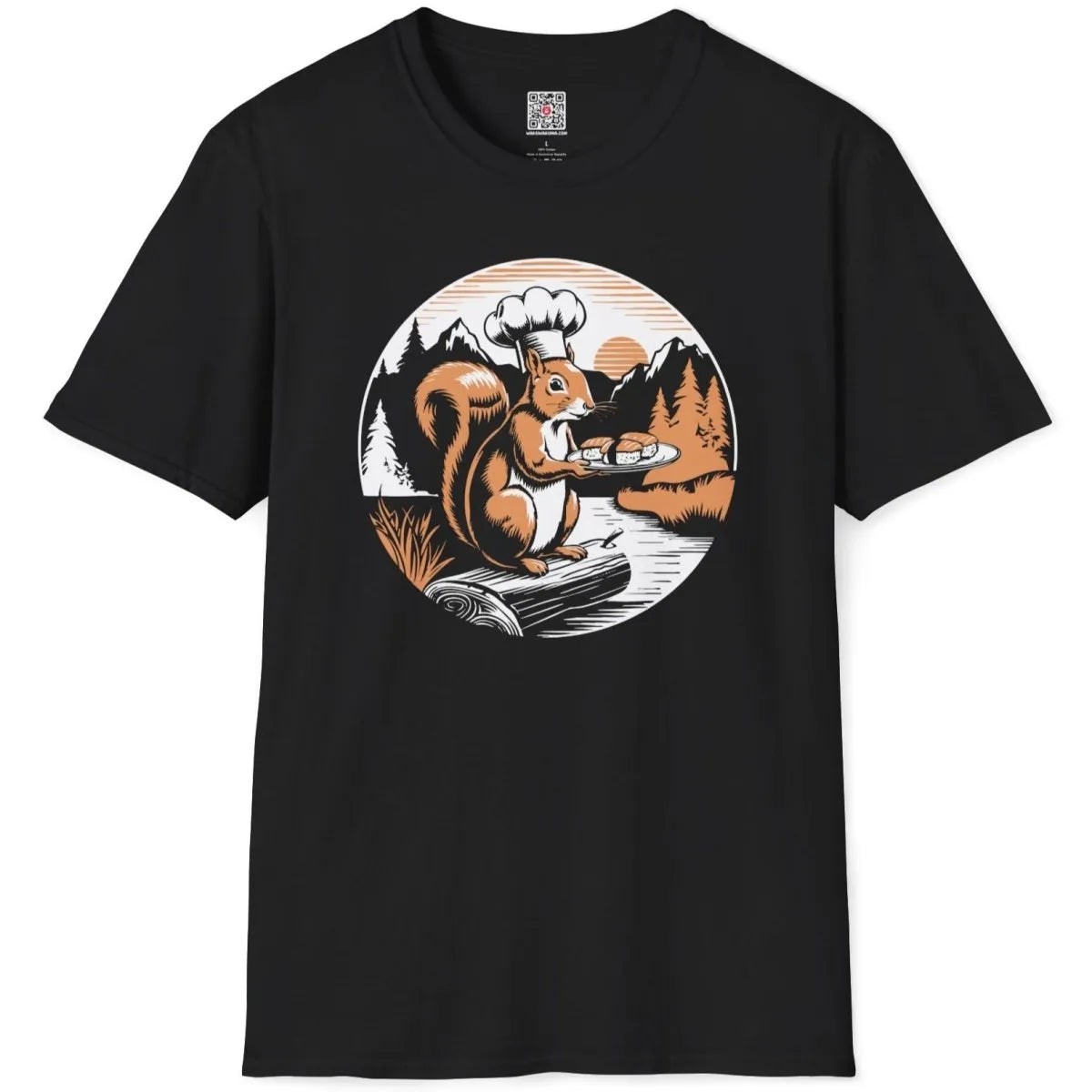 Chef squirrel sushi design on black t-shirt flatlay, sushi t-shirt and organic aesthetic, rustic charm.