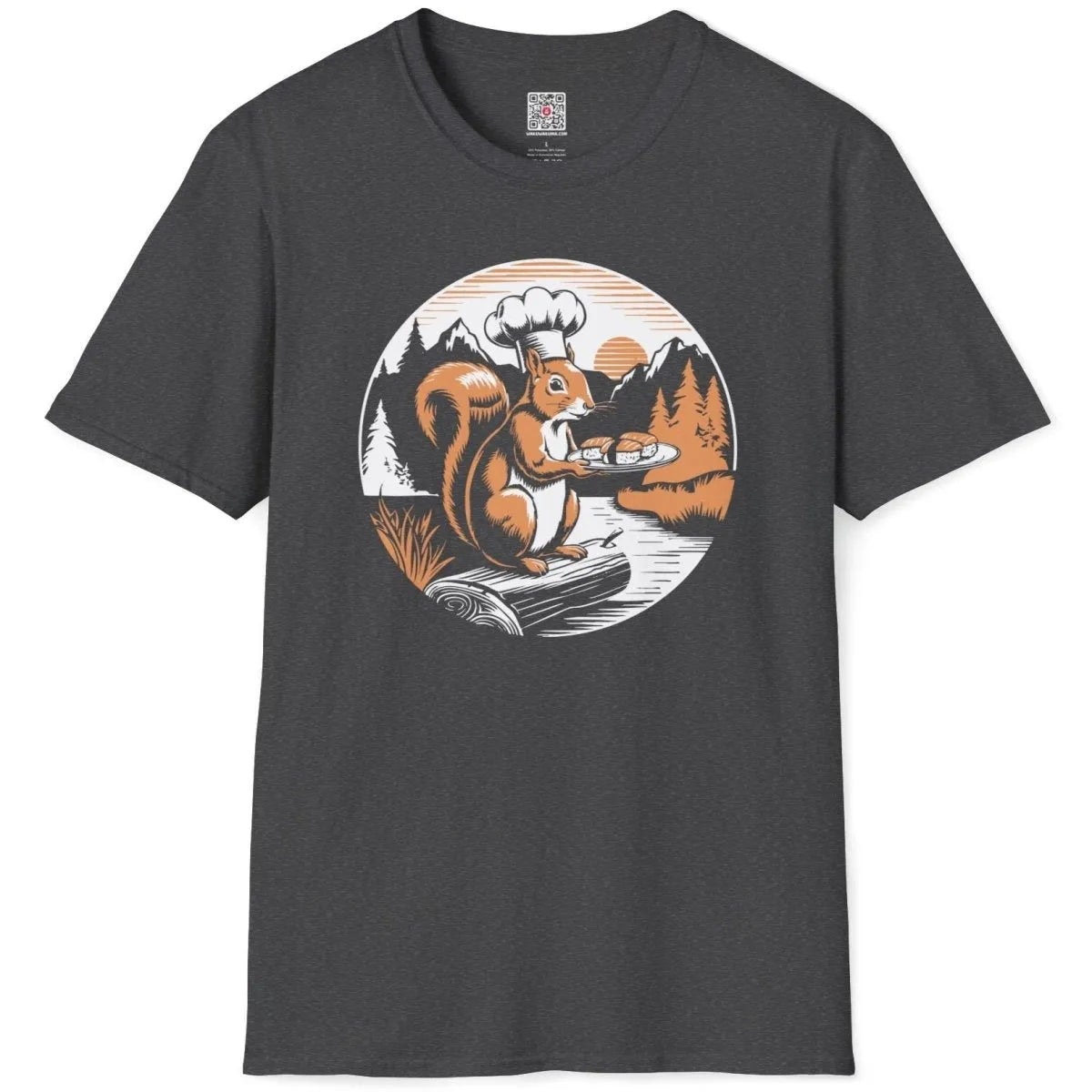 Chef squirrel sushi design on dark heather t-shirt flatlay, vintage aesthetic and nature blend.
