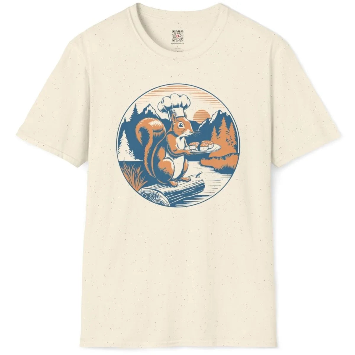 Chef squirrel sushi art on natural t-shirt flatlay, rustic charm and warm palette, sushi t-shirt.