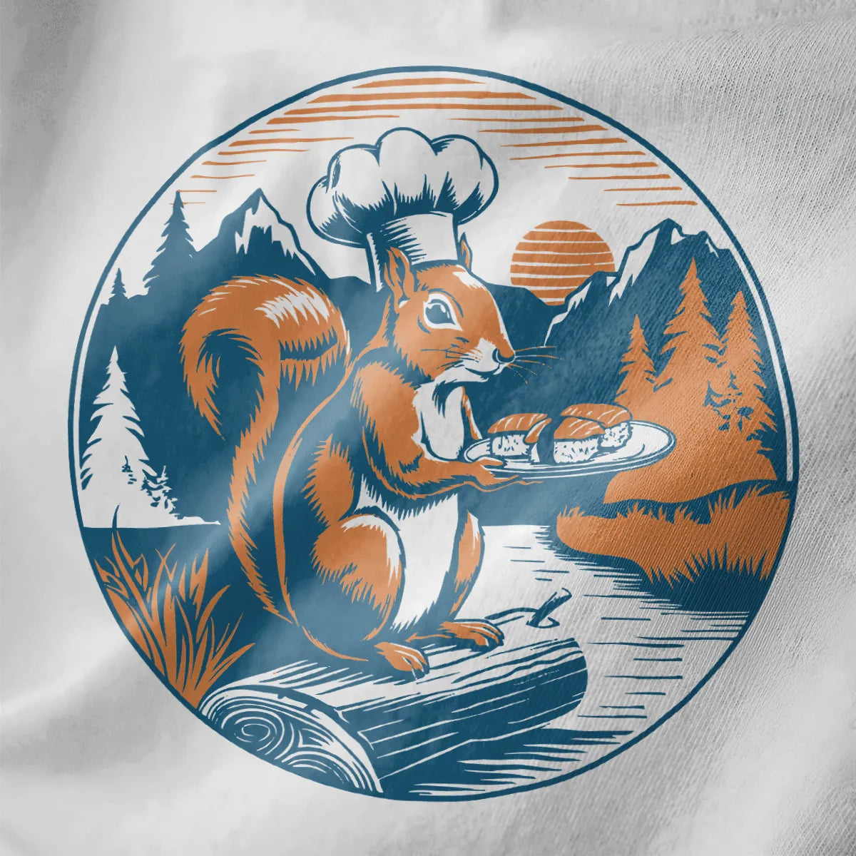 Squirrel chef presenting sushi on white fabric, rustic charm and sushi t-shirt, close-up of woodcut details.