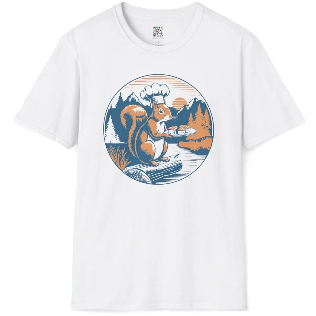 Chef squirrel sushi illustration on white t-shirt flatlay, whimsical animal and sushi shirt, serene landscape.