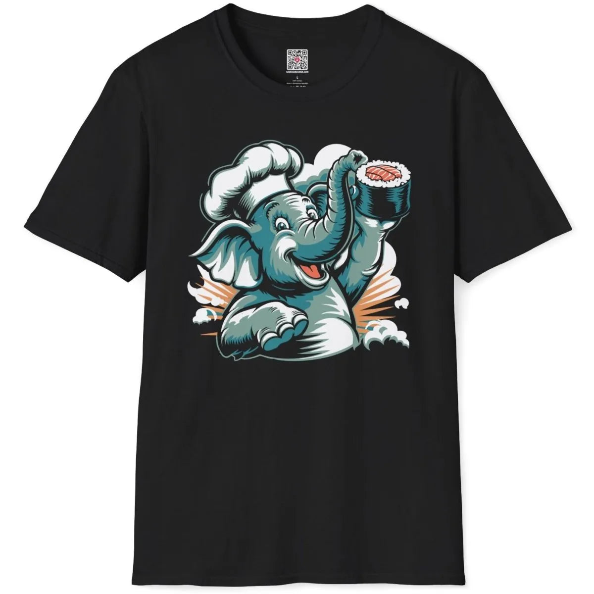 Chef elephant sushi design on black t-shirt flatlay, sushi culture and playful charm, graphic t shirts for ladies.