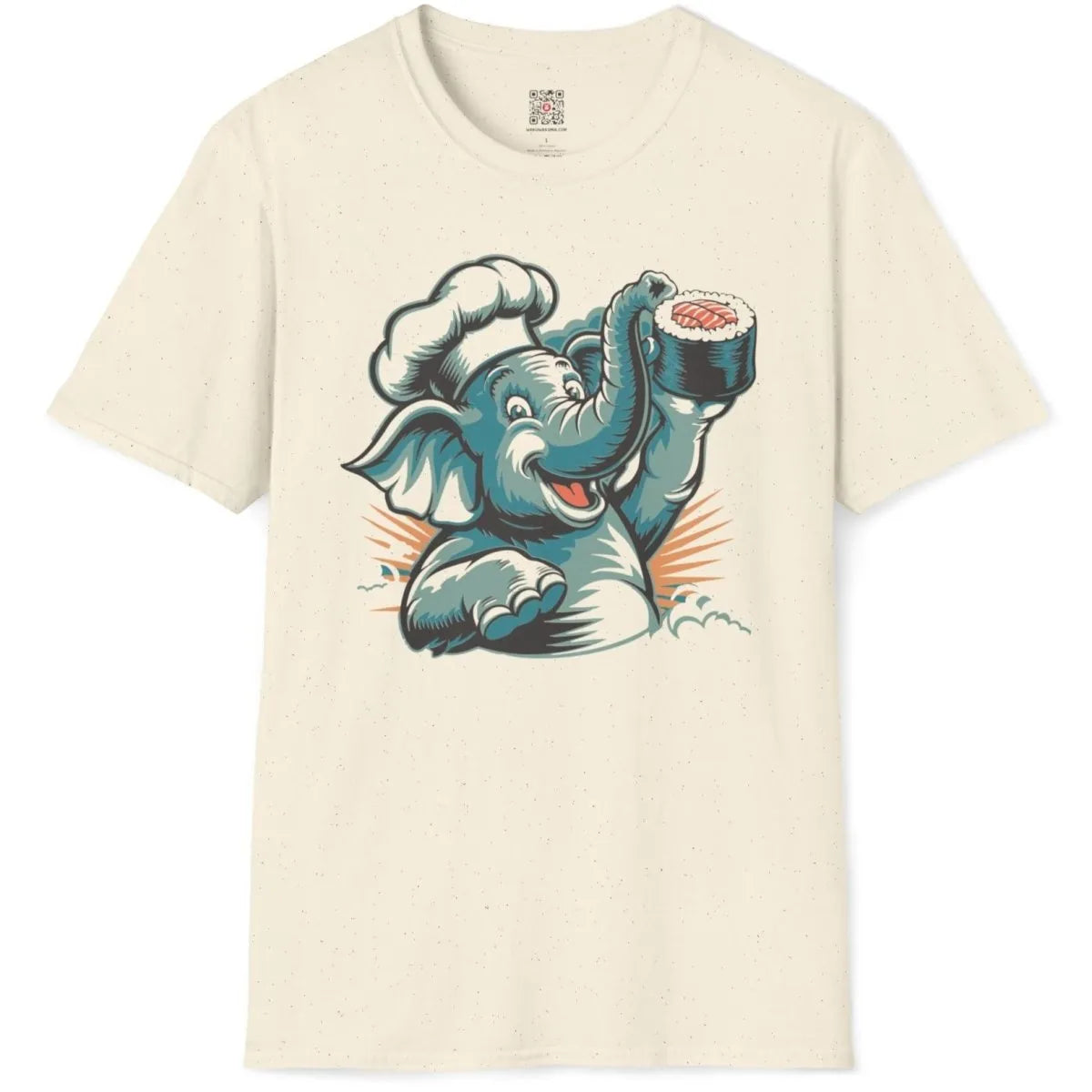 Chef elephant sushi art on natural t-shirt flatlay, sushi shirt and kawaii sushi, joyful discovery.
