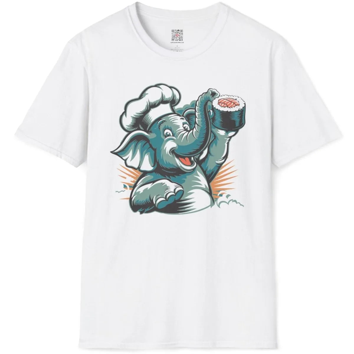 Chef elephant sushi illustration on white t-shirt flatlay, whimsical animal and sushi shirt, vibrant style.