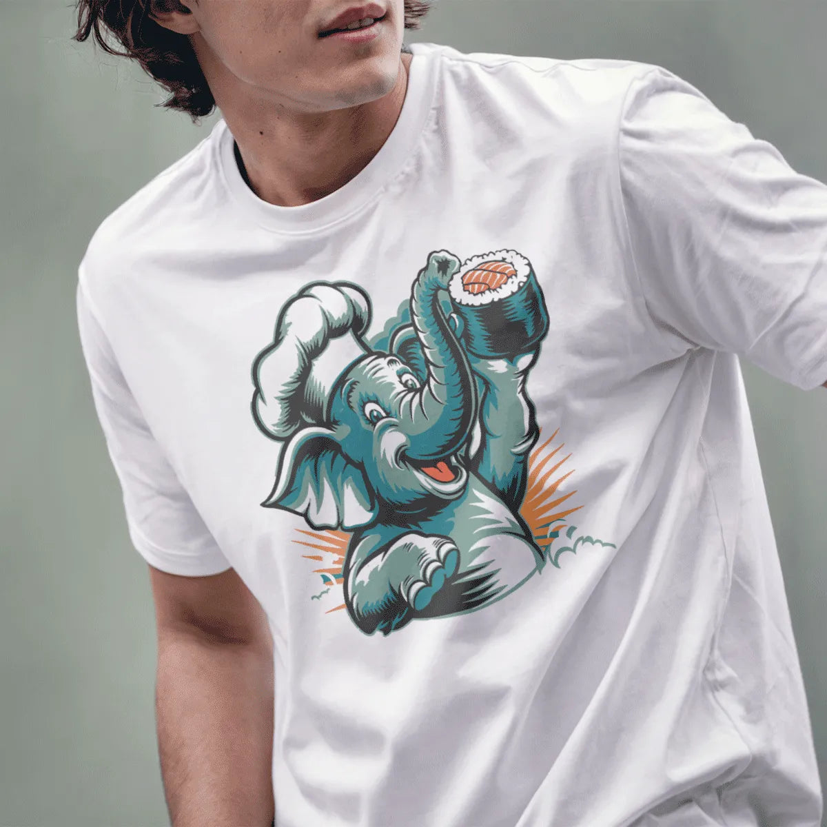 Male model in white t-shirt with chef elephant sushi art, japanese t-shirts and joyful discovery, lower face visible.