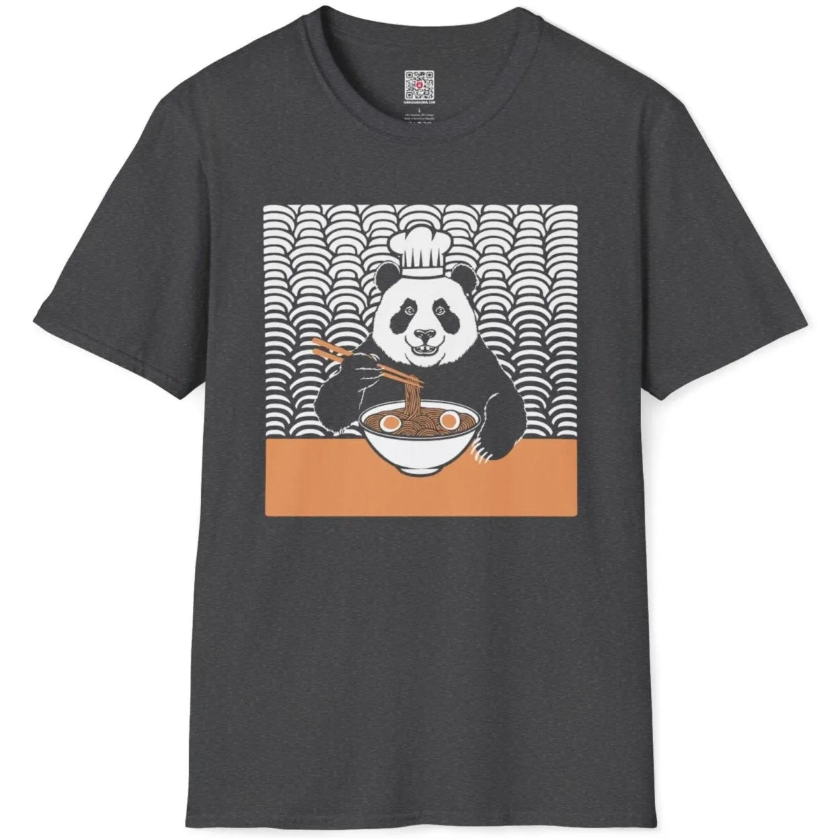 Chef panda ramen design on dark heather t-shirt flatlay, ramen t-shirt and soft aesthetics, fusion cuisine.