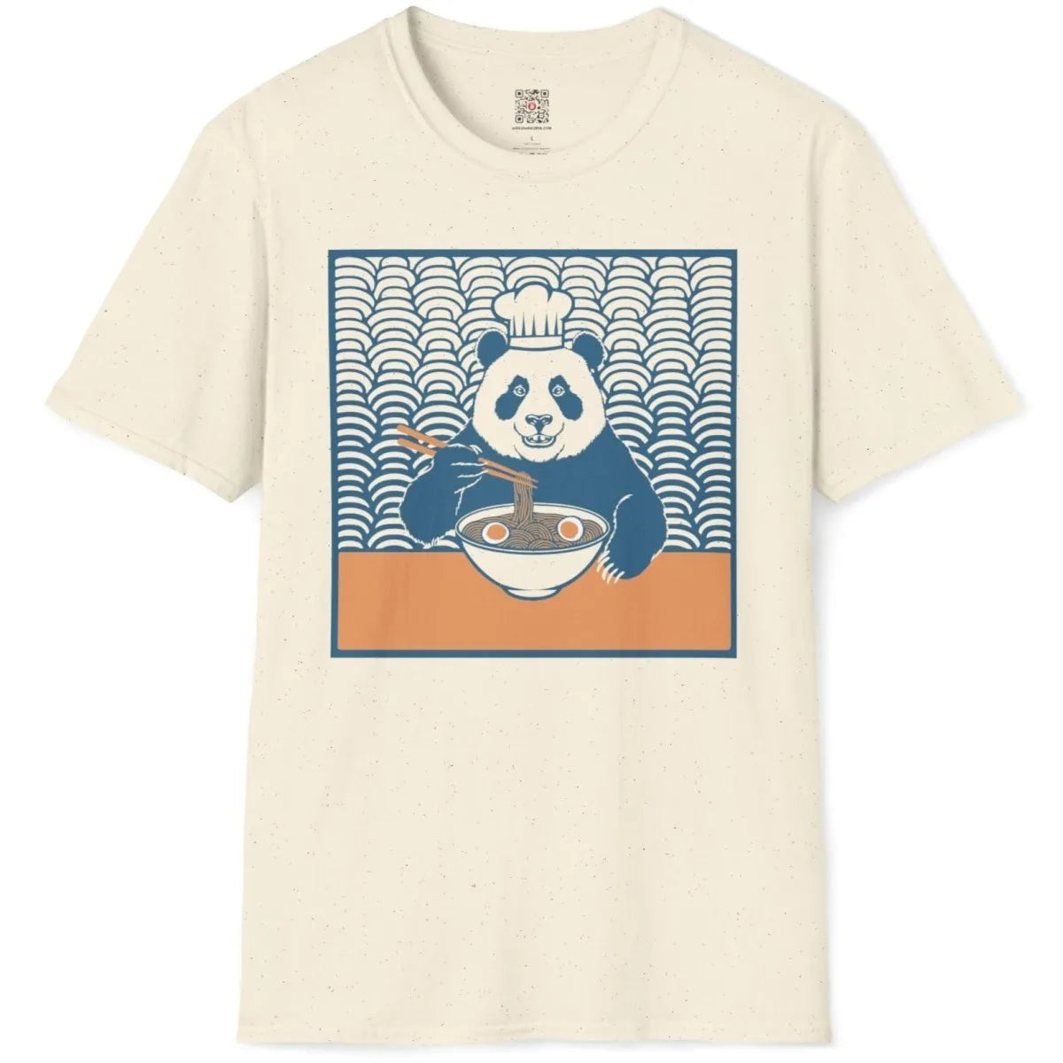 Chef panda ramen art on natural t-shirt flatlay, ramen t-shirt and kawaii clothes, foodie style.