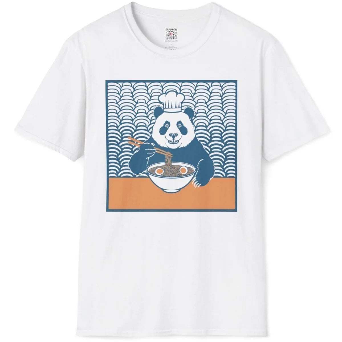 Chef panda ramen illustration on white t-shirt flatlay, panda chef and ramen t shirt, vibrant style.