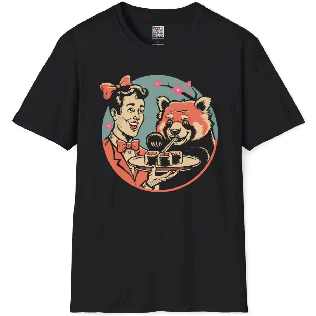 Flatlay of black shirt with whimsical panda and woman eating sushi, sushi culture, vintage aesthetic.