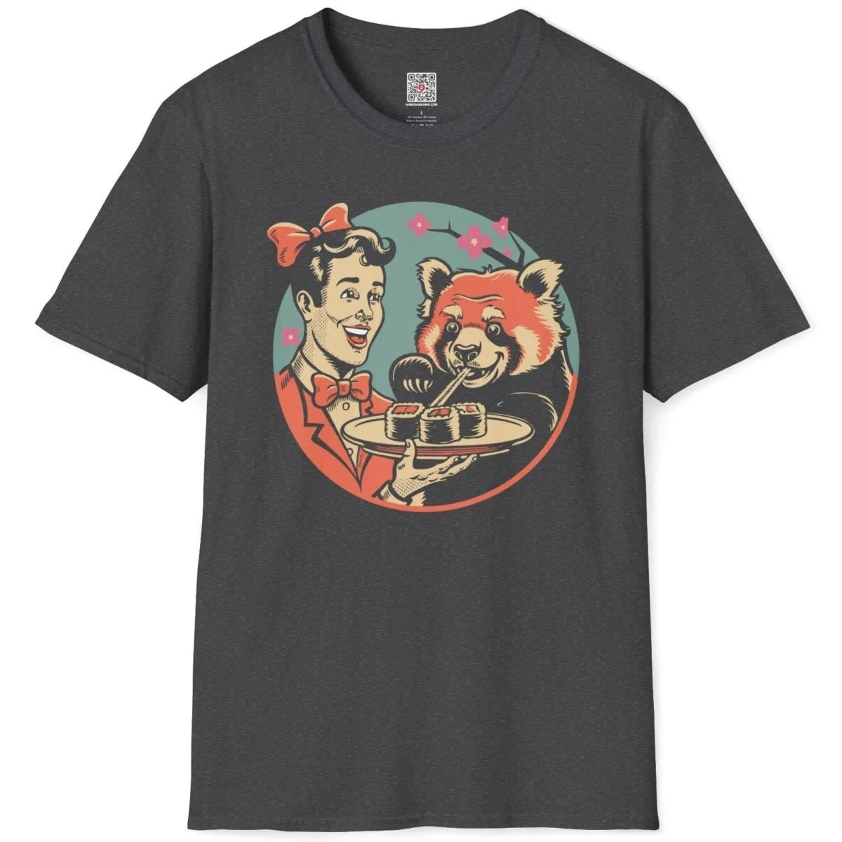 Flatlay of dark heather shirt with cheerful panda and woman eating sushi, japanese t-shirts, sakura cherry blossom art.