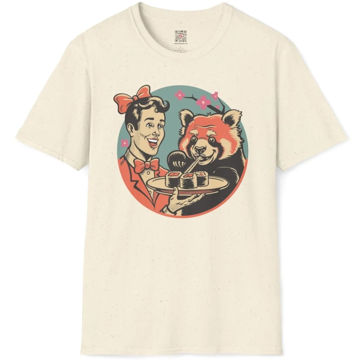 Flatlay of natural shirt with vintage-style panda and woman sharing sushi, sushi t-shirt, cultural fusion.