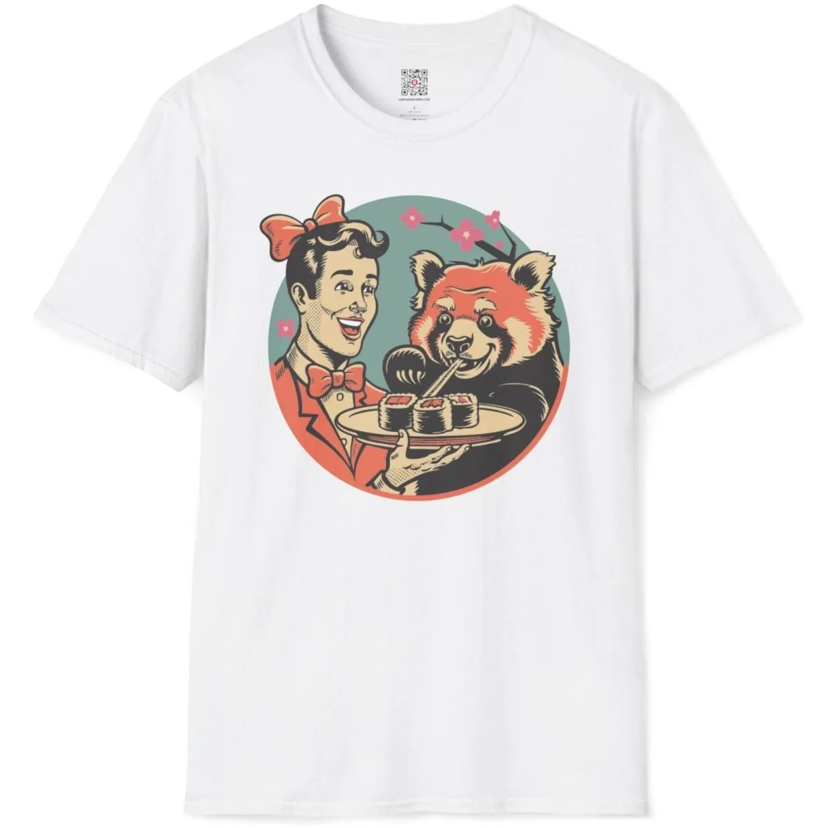 Flatlay of white shirt featuring woman and panda enjoying sushi, sushi t-shirt, whimsical illustration.