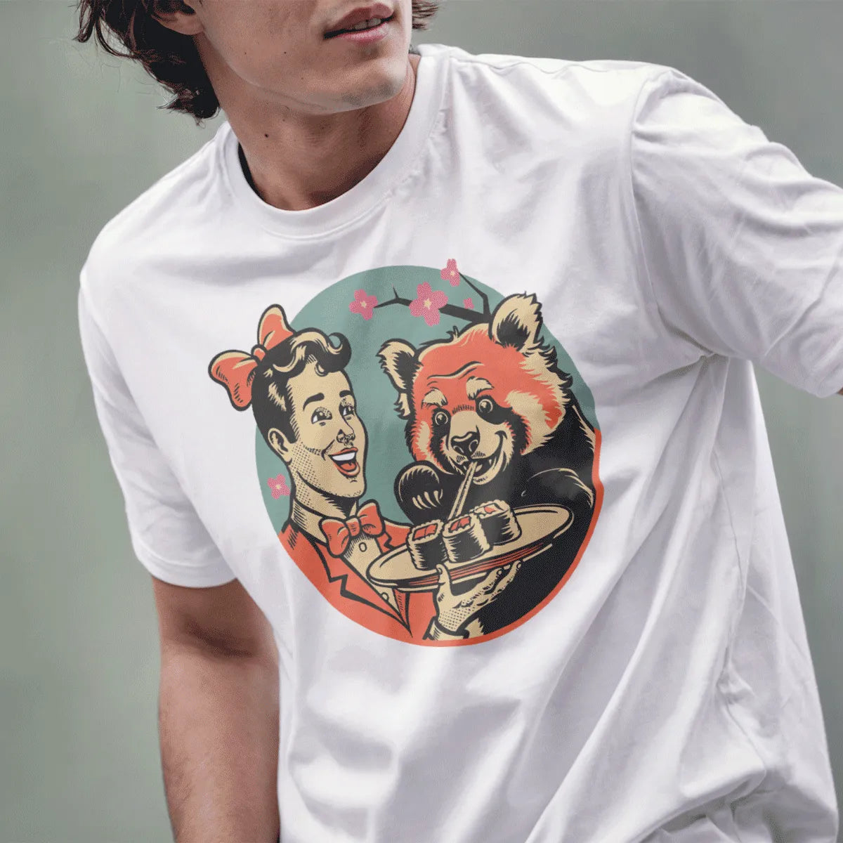 Male model in white t-shirt with playful panda and woman enjoying sushi, japanese t-shirts, friendship theme.
