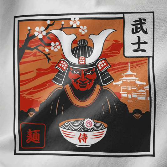 Samurai with bowl of noodles and cherry blossoms on white shirt, ramen t-shirt, samurai fusion.