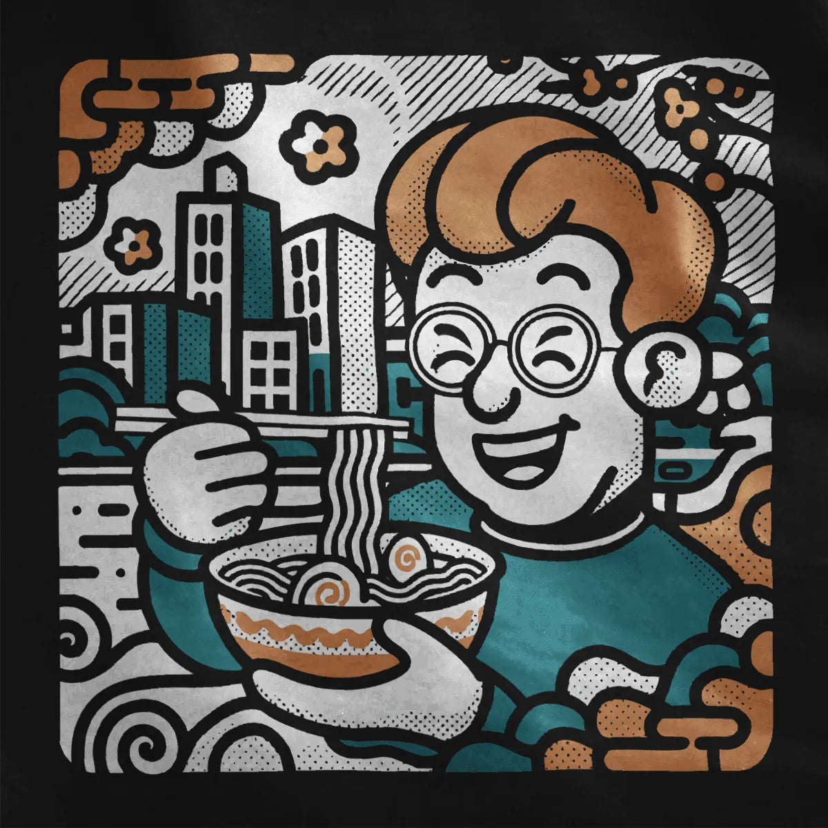 Smiling character with noodles in vibrant city scene on black shirt, ramen t-shirt, modern fusion.