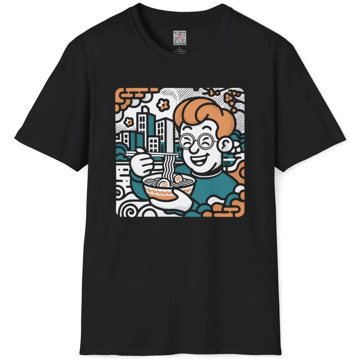 Flatlay of black shirt with cheerful noodle character, cityscape, ramen t-shirt, pop art shirt.