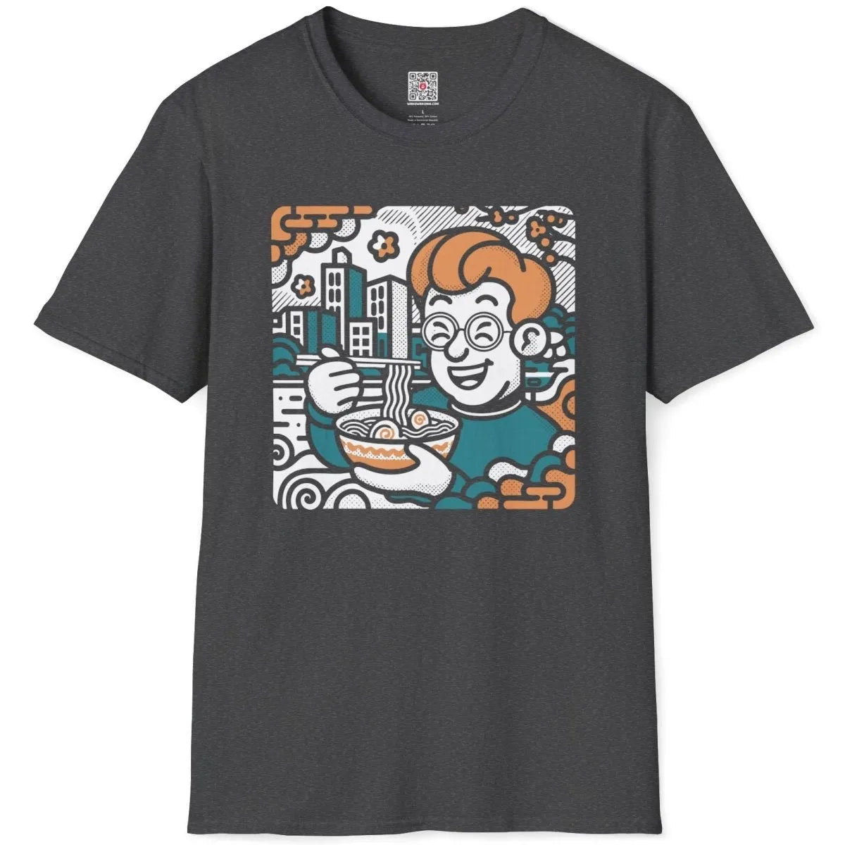 Flatlay of dark heather shirt with joyful noodle lover and cityscape, japanese t-shirts, color blocking shirt.