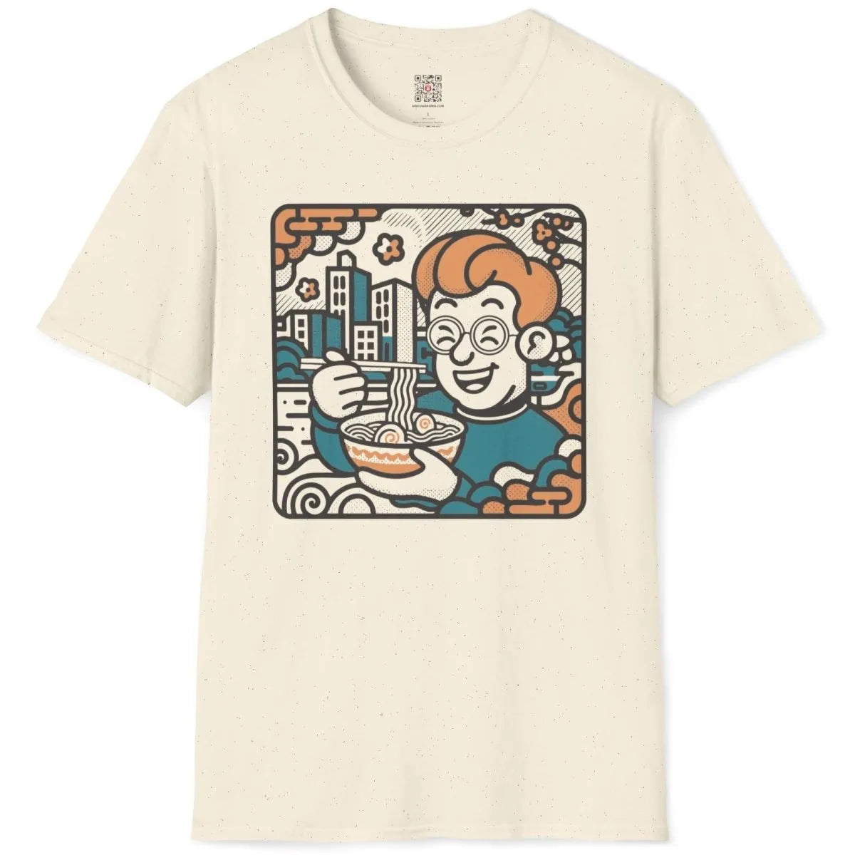 Flatlay of natural shirt with playful noodle character, city elements, ramen t-shirt, cartoonish style.