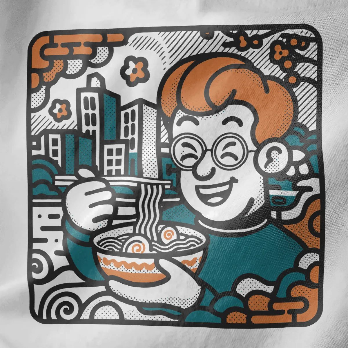 Smiling character with noodles in vibrant city scene on white shirt, ramen t-shirt, urban ramen.