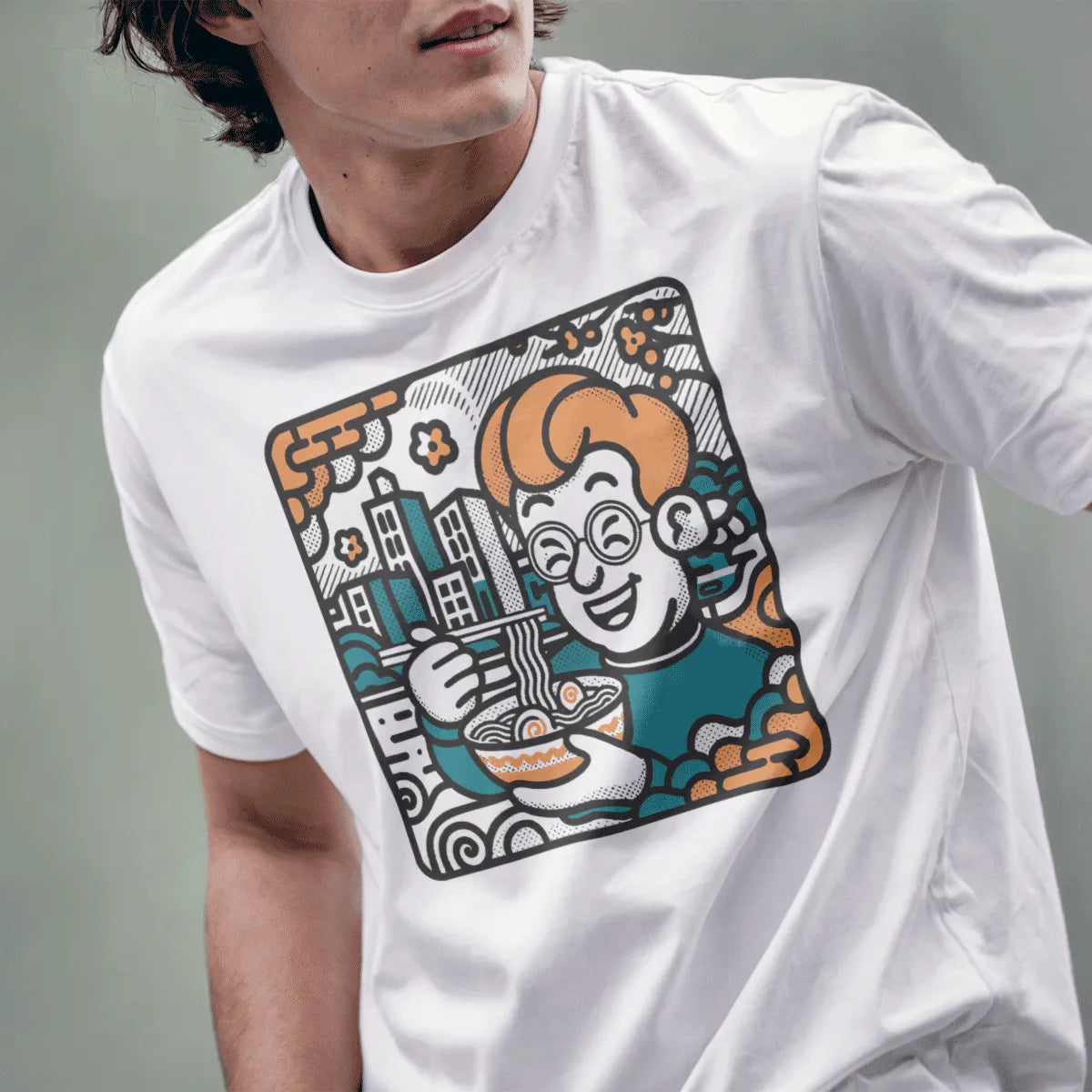 Male model in white t-shirt with joyful noodle character, japanese t-shirts, vibrant style.