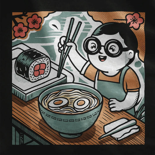 Cheerful child with glasses and ramen bowl, comic style on black fabric. ramen t-shirt, playful charm, kawaii sushi