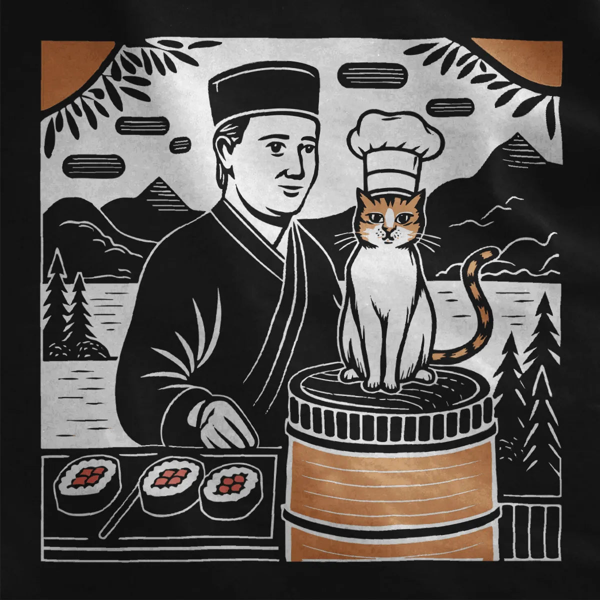Vintage-inspired sushi chef with cat in chef hat, black fabric closeup. sushi t-shirt, funny cat shirt, vintage aesthetic