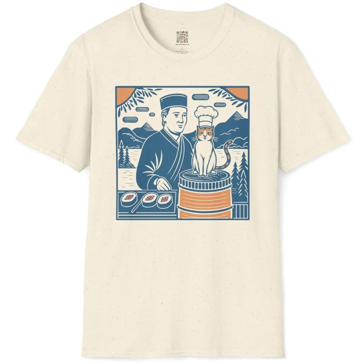 Sushi chef and whimsical cat, vintage style, natural flatlay t-shirt. sushi t-shirt, whimsical cat