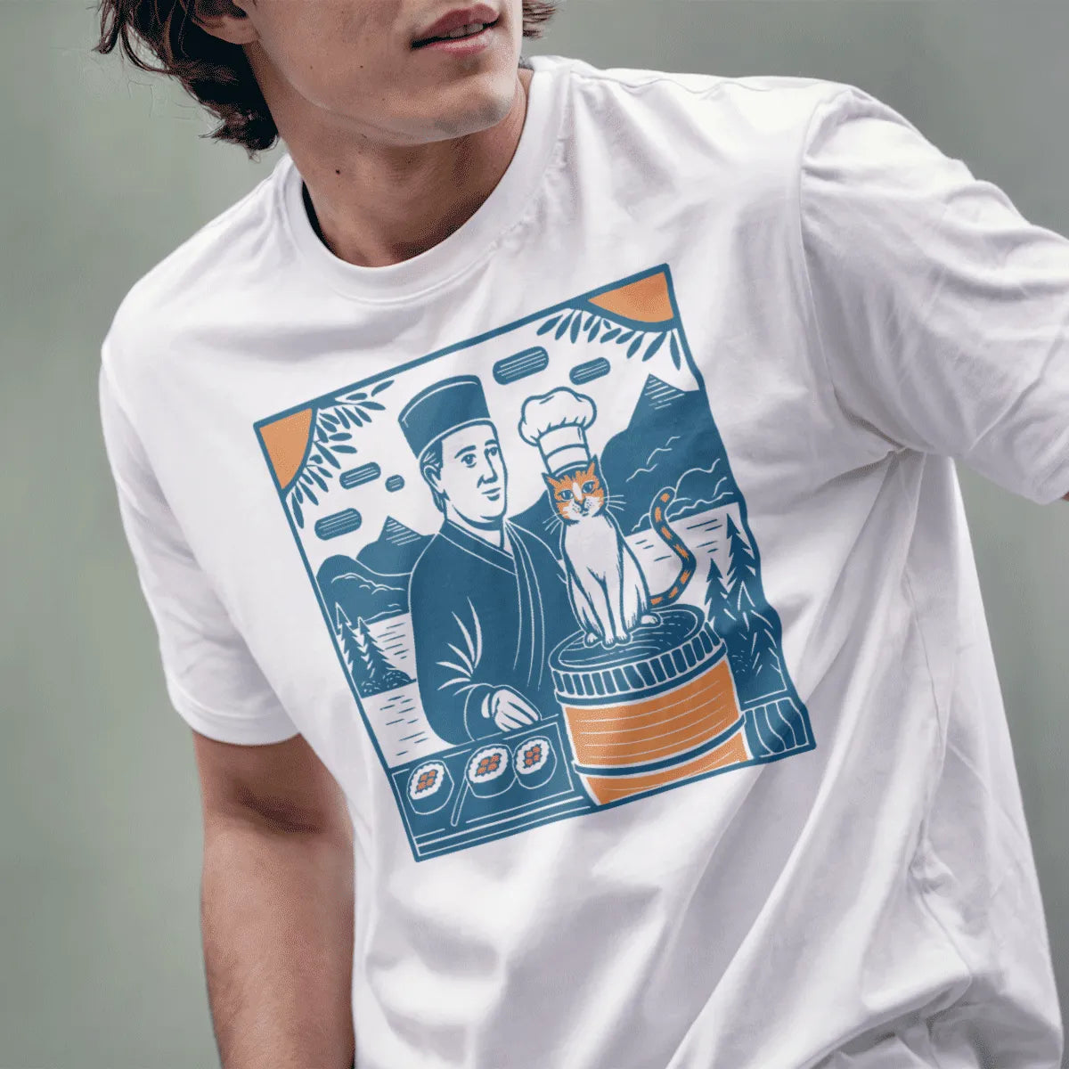 Serene sushi chef and cat, vintage style, white t-shirt on male model. sushi t-shirt, funny cat shirt
