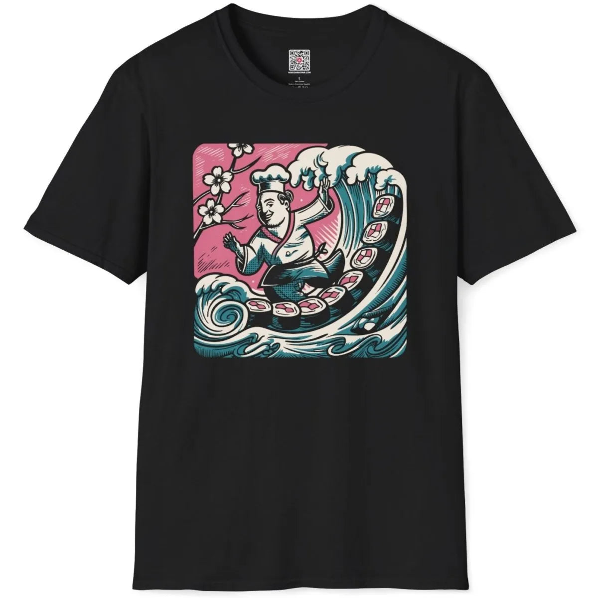 Black t-shirt flatlay with vibrant chef surfing wave, sushi rolls, and cherry blossom accents.